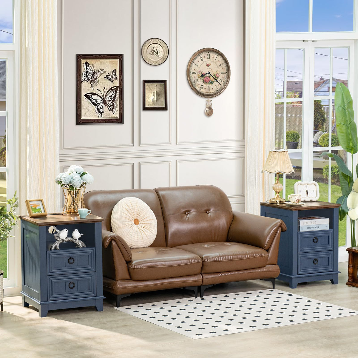 18" Blue Wooden Nightstand Set of 2 with Charging Station Q36707