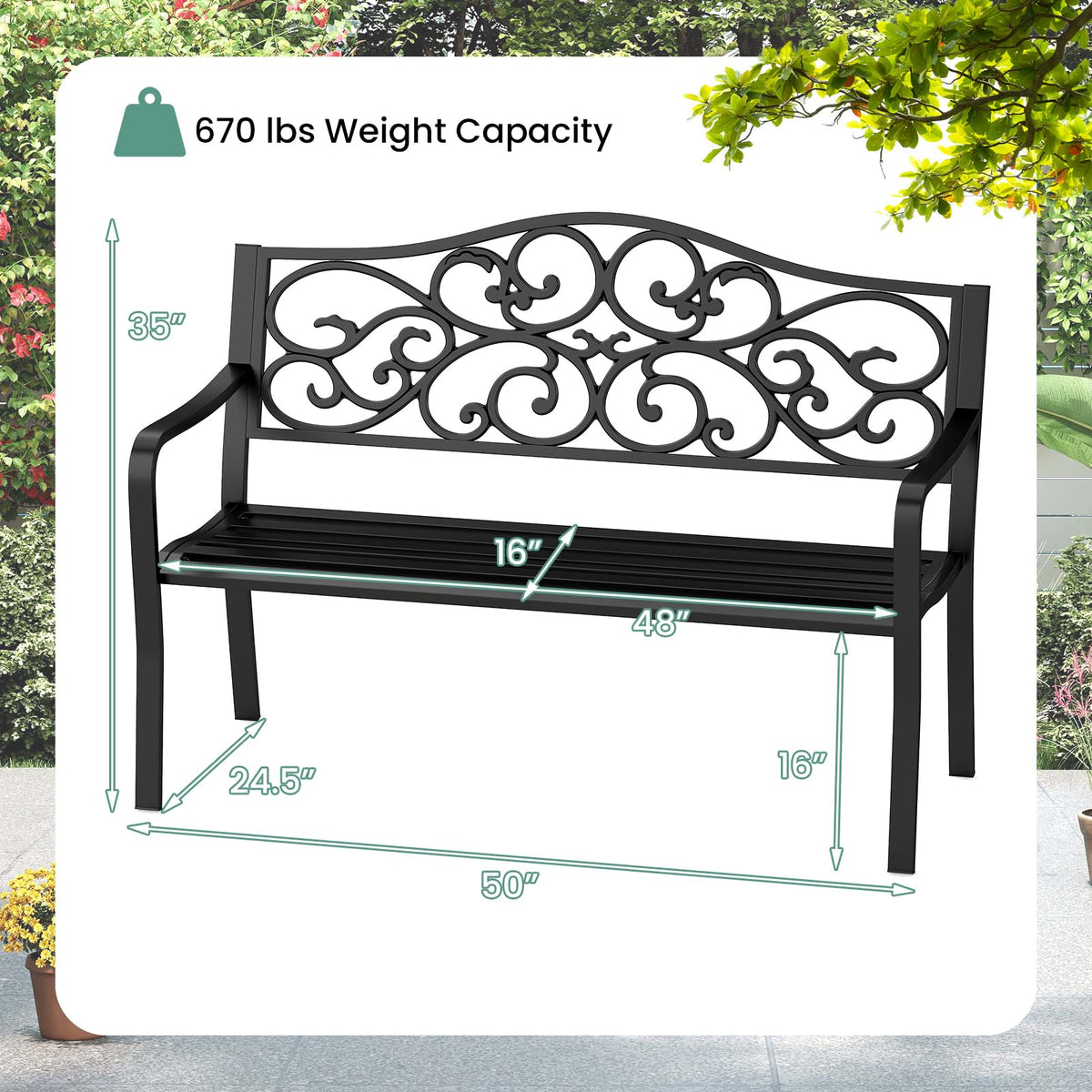50 Inches Black Cast Iron Metal Patio Bench with Floral Backrest S5745