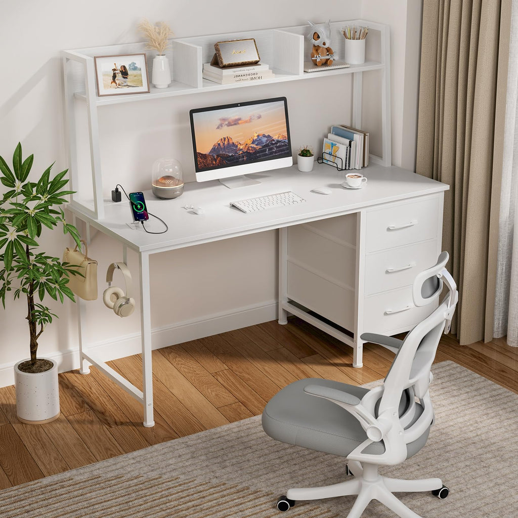 White Computer Desk with Hutch & Drawers 47 Inch R872
