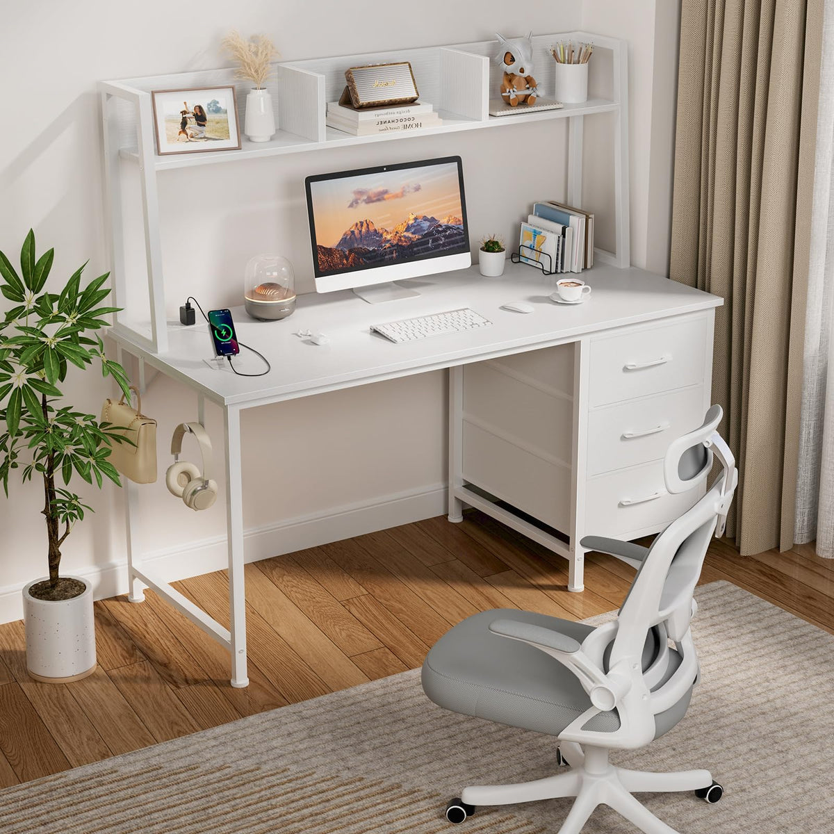 White Computer Desk with Hutch & Drawers 47 Inch R872