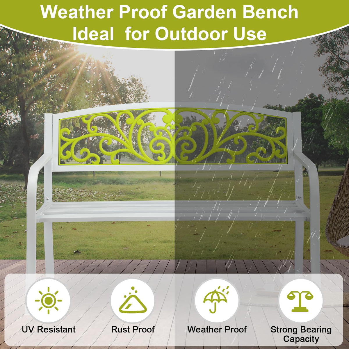 47in Weatherproof Metal Outdoor Bench with Back and Armrests B268