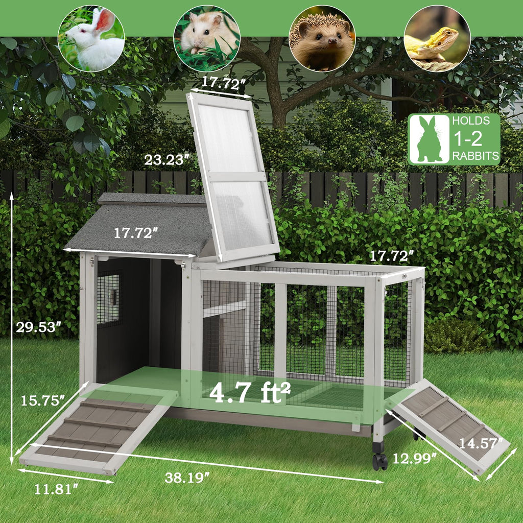 38.19"L Wooden Rabbit Hutch with 4 Wheels and Pull Out Tray M807