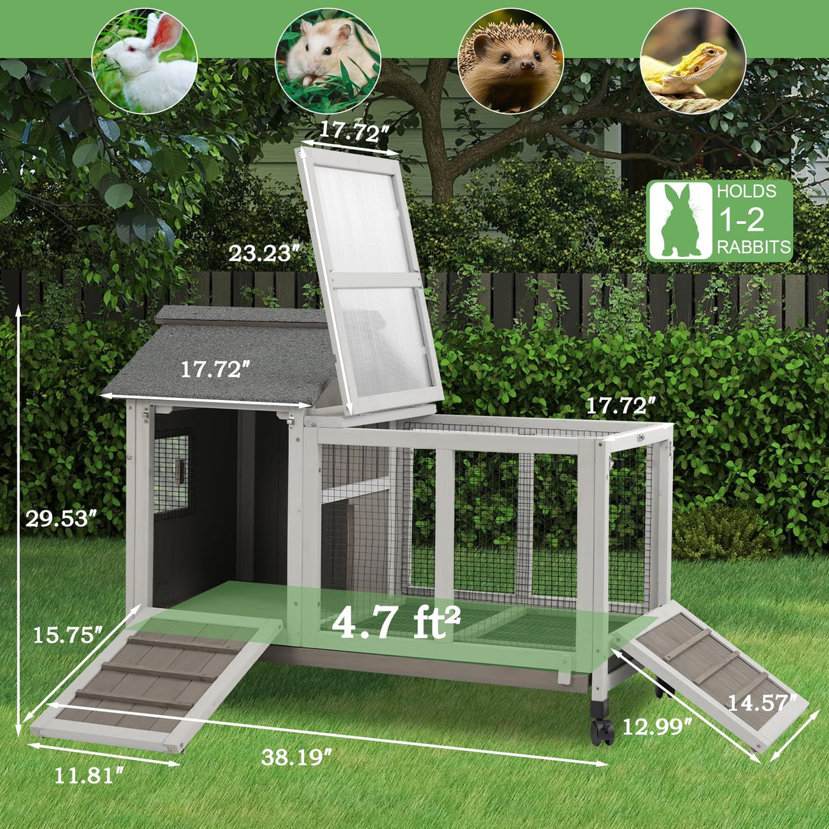 38.19"L Wooden Rabbit Hutch with 4 Wheels and Pull Out Tray M807
