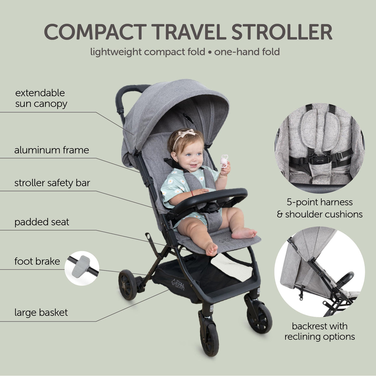 Lightweight Compact Travel Stroller with Canopy, Storage Basket & Recline N78781