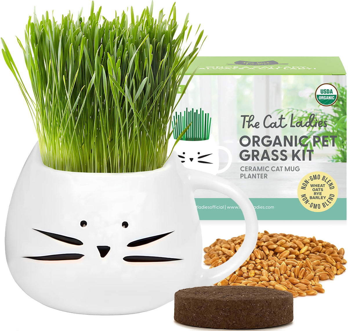 Organic Cat Grass Growing Kit with Seed Mix Soil and White Planter X484