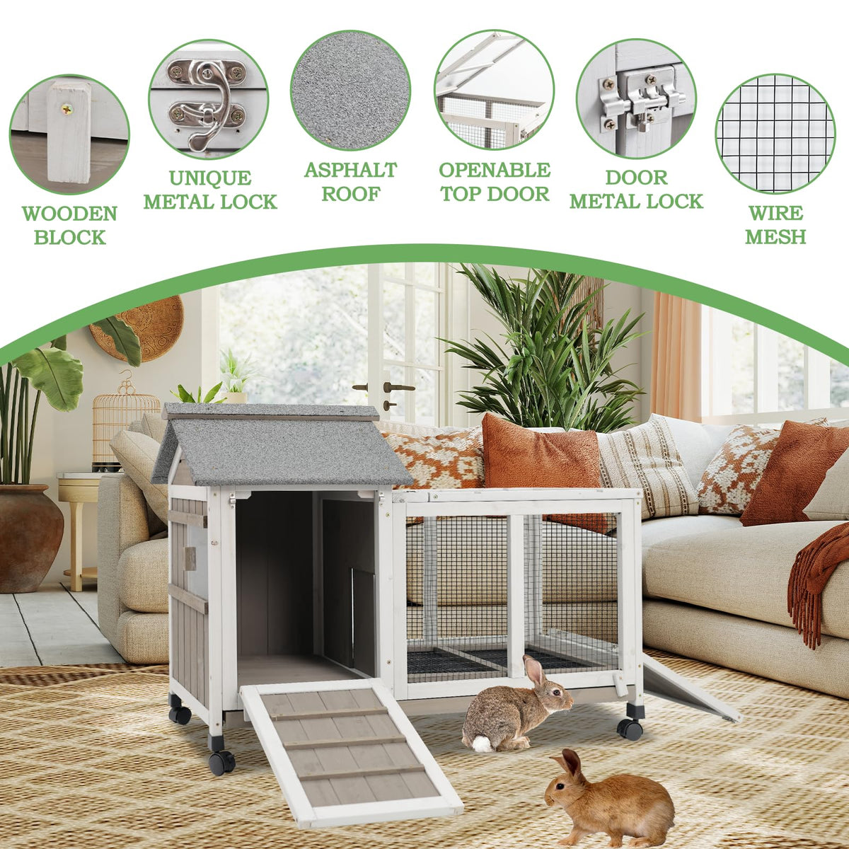 38.19"L Wooden Rabbit Hutch with 4 Wheels and Pull Out Tray M807