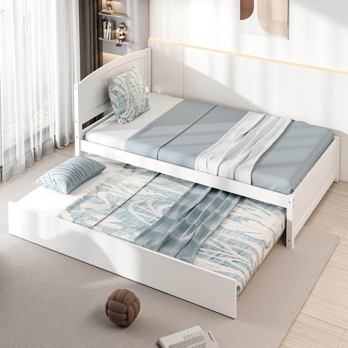 White Twin Trundle Bed with Headboard Q385468