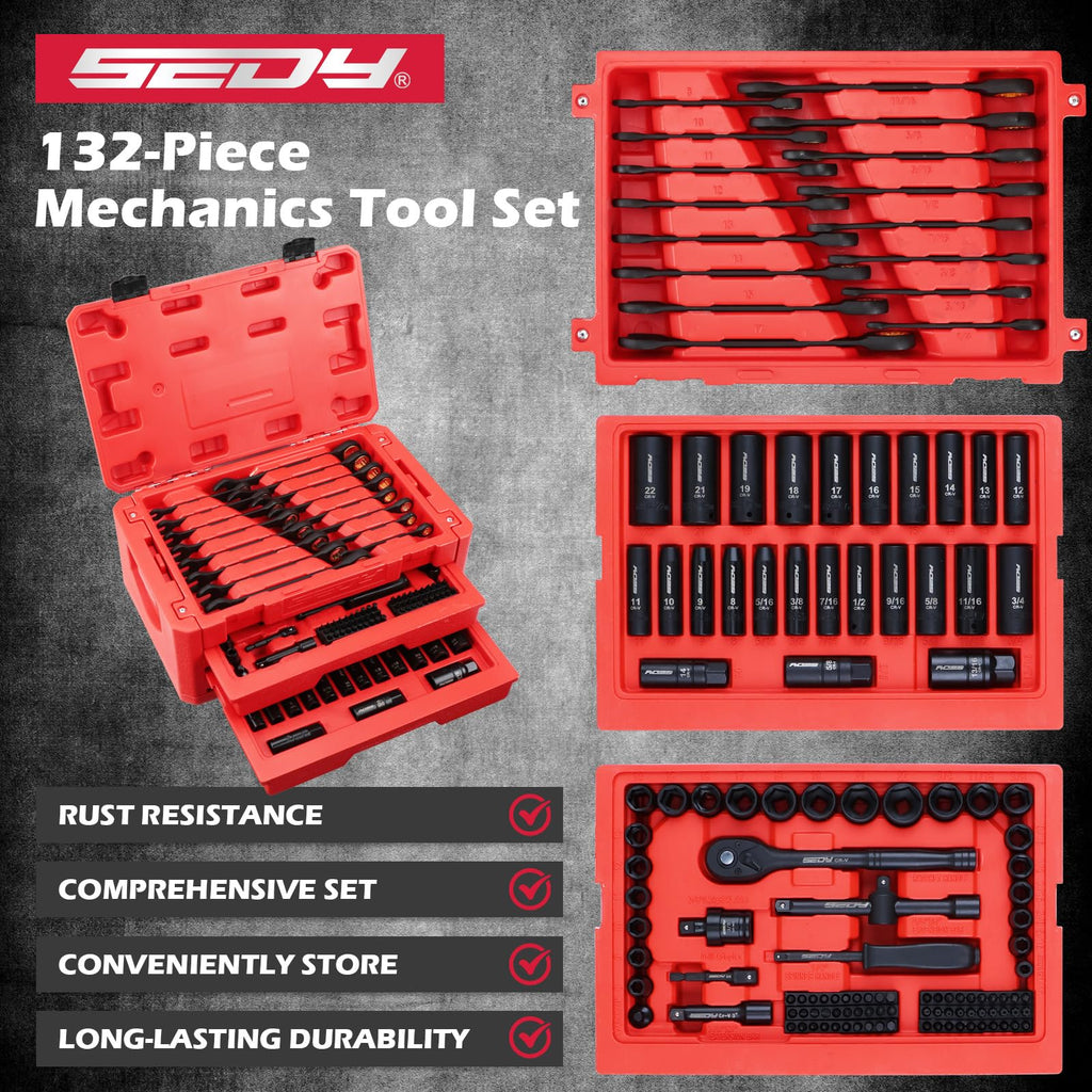 132-Piece SAE/Metric Mechanics Tool Set with Storage Case S980606