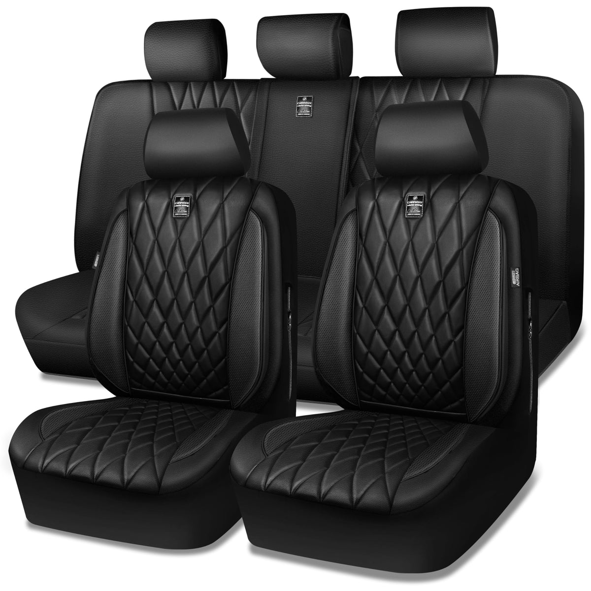 5 Seats Faux Leather Seat Covers Full Set Pure Black Q812