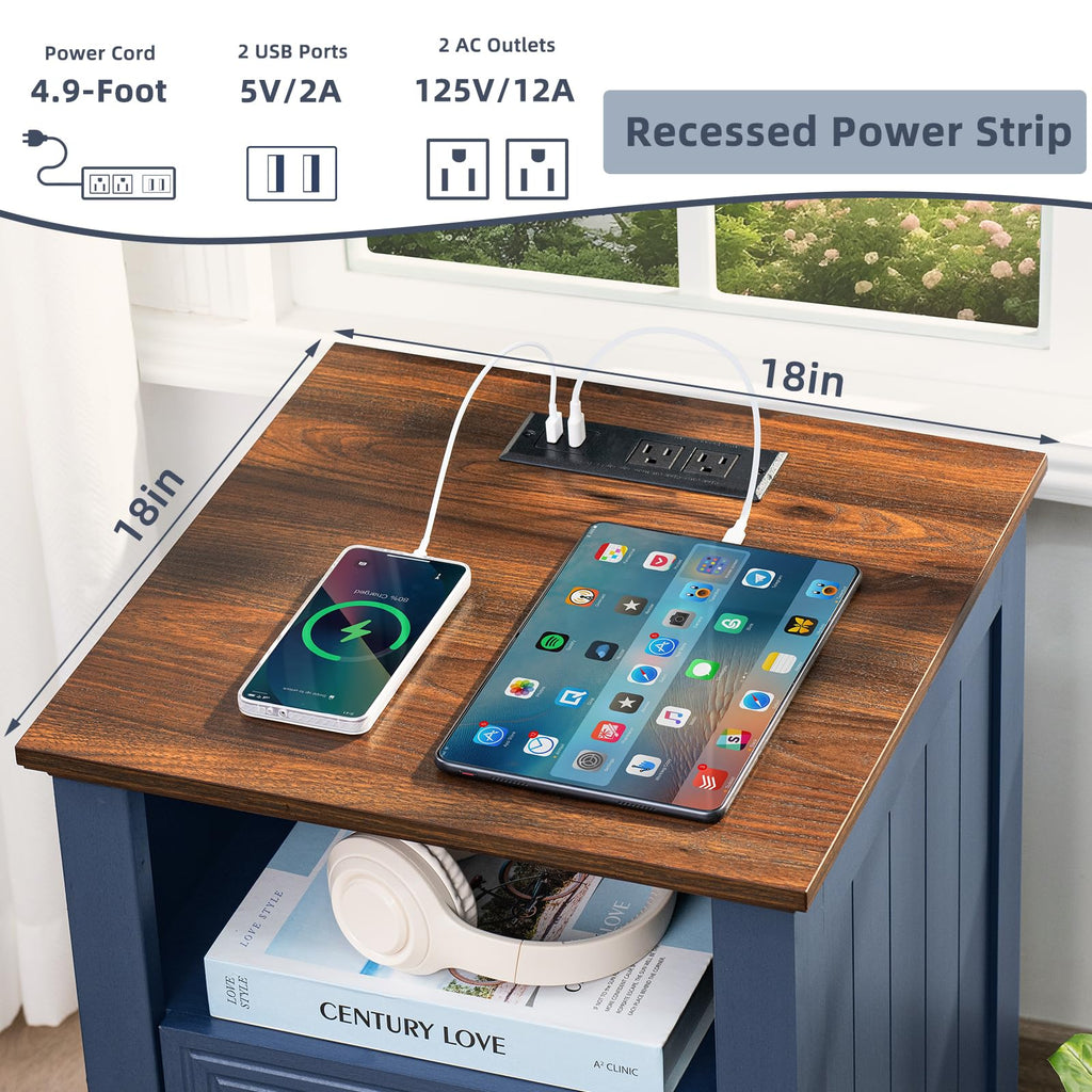 18" Blue Wooden Nightstand Set of 2 with Charging Station Q36707
