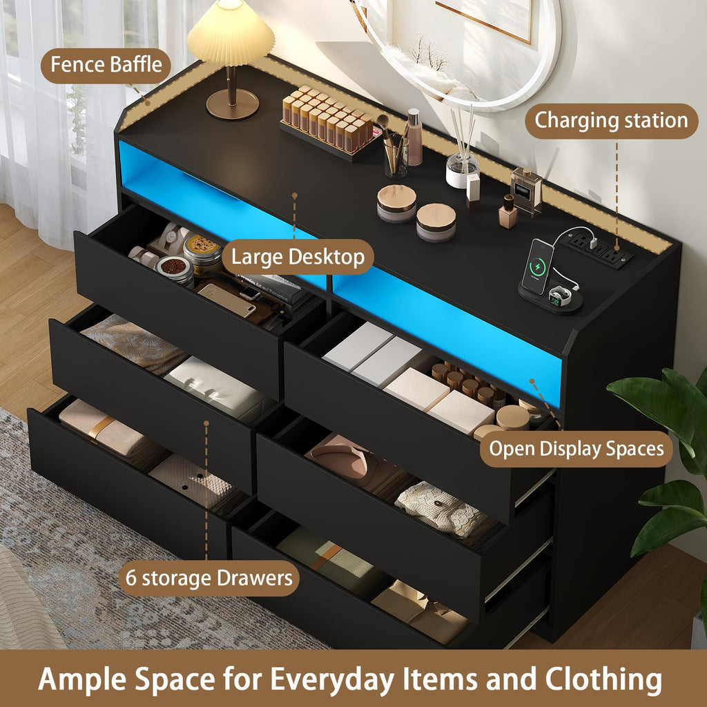 Black Dresser with LED Lights and Power Strip K776369