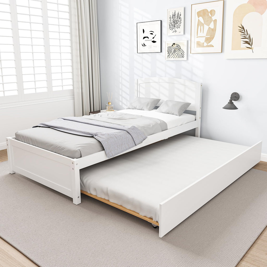 White Twin Trundle Bed with Headboard Q385468