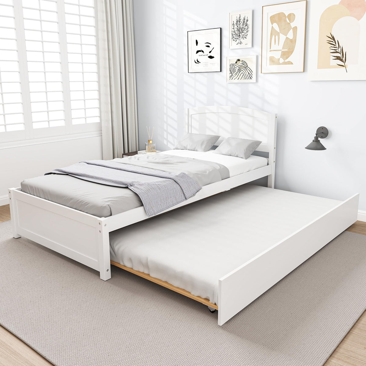 White Twin Trundle Bed with Headboard Q385468