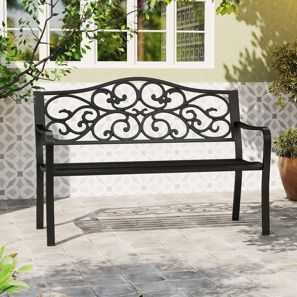 50 Inches Black Cast Iron Metal Patio Bench with Floral Backrest S5745