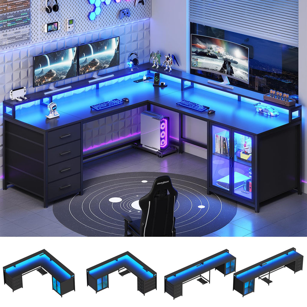 L Shaped Gaming Desk with 4 Drawers and Power Outlet, Black F413