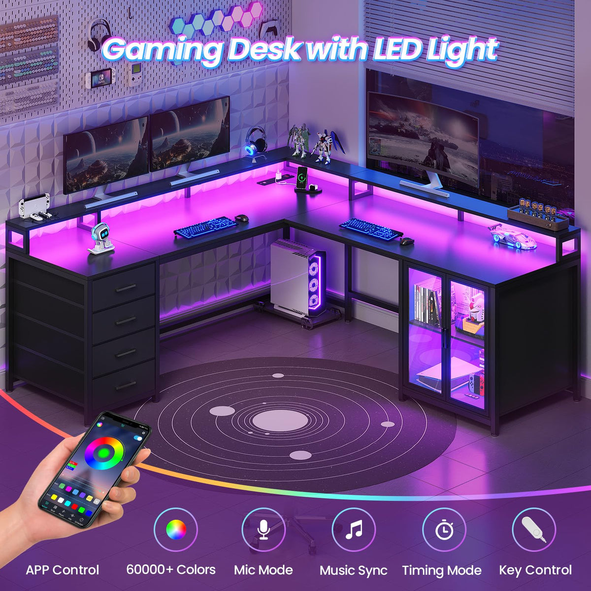 L Shaped Gaming Desk with 4 Drawers and Power Outlet, Black F413