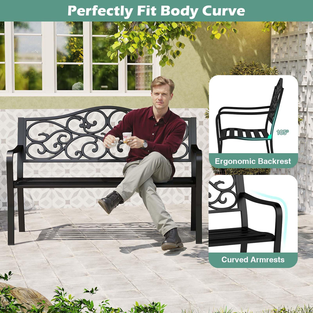 50 Inches Black Cast Iron Metal Patio Bench with Floral Backrest S5745