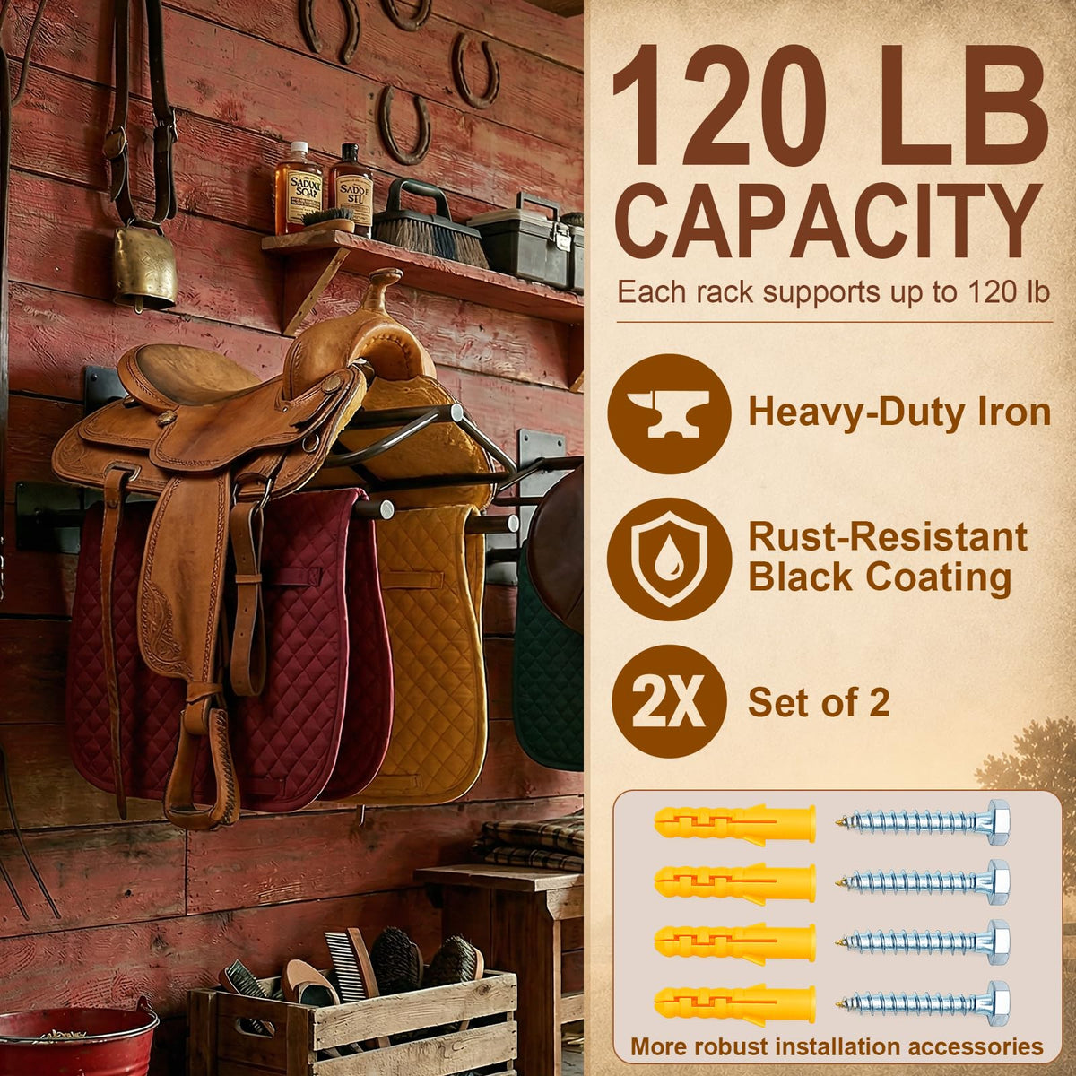 Wall Mounted Saddle Rack Set of 2, 120-lb Capacity Heavy Duty Iron Saddle Stand Z5340