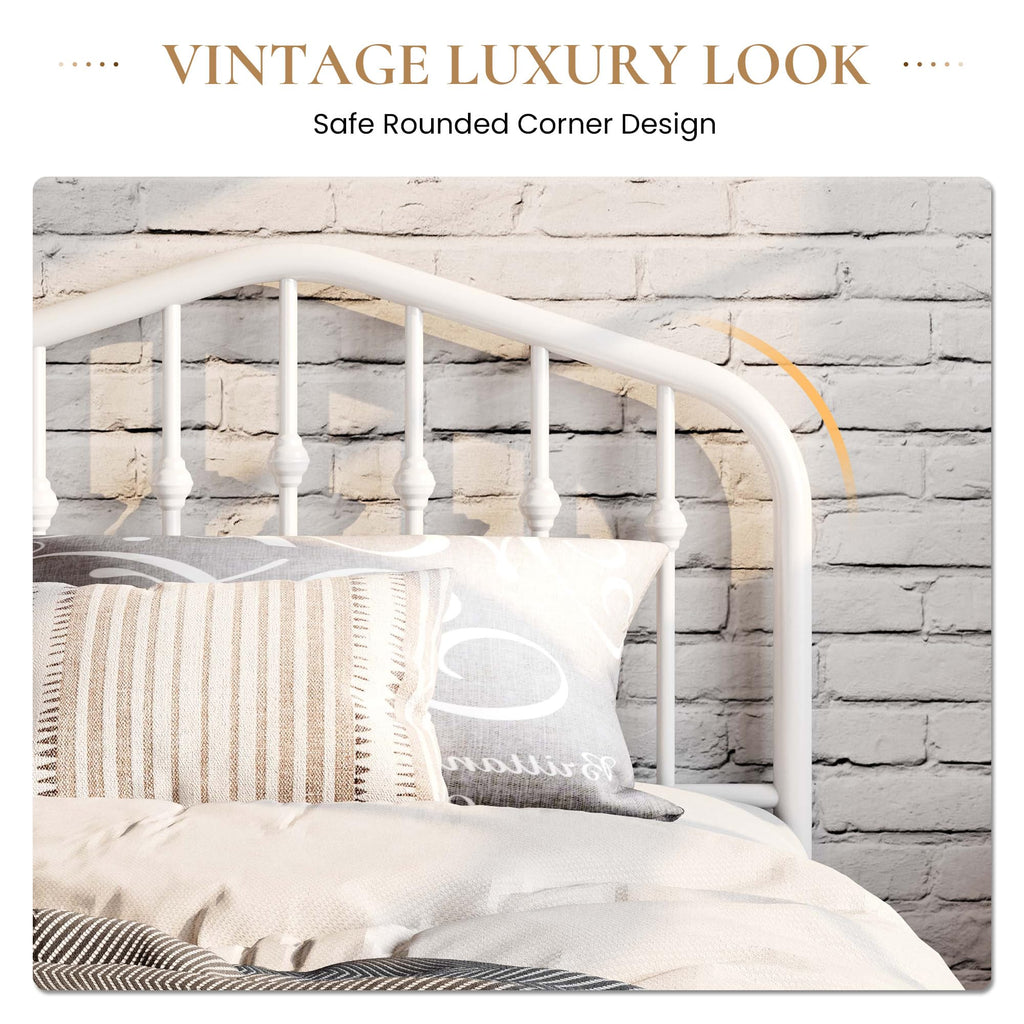 Twin Size White Metal Bed Frame with Wrought Iron-Art Headboard N720