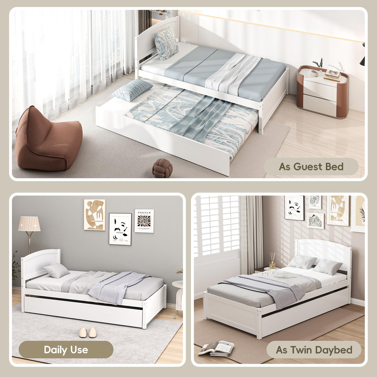 White Twin Trundle Bed with Headboard Q385468