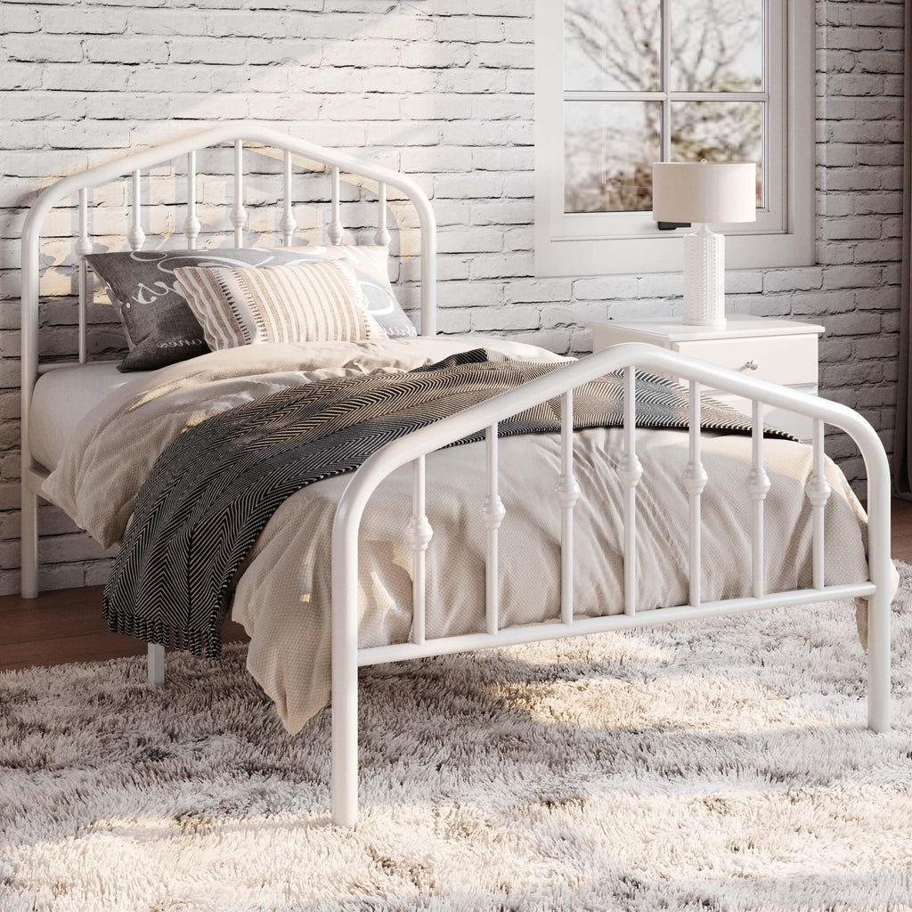 Twin Size White Metal Bed Frame with Wrought Iron-Art Headboard N720