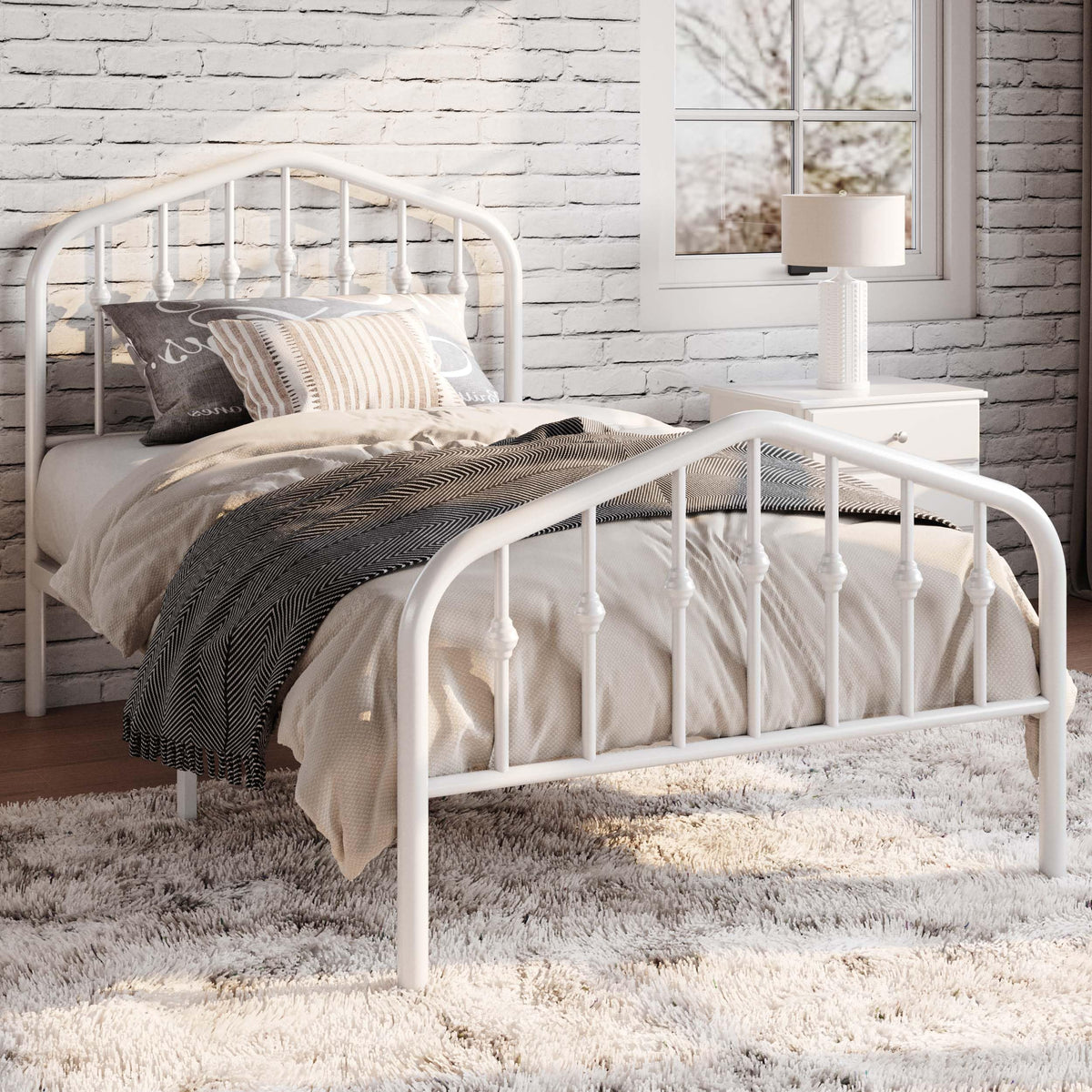 Twin Size White Metal Bed Frame with Wrought Iron-Art Headboard N720