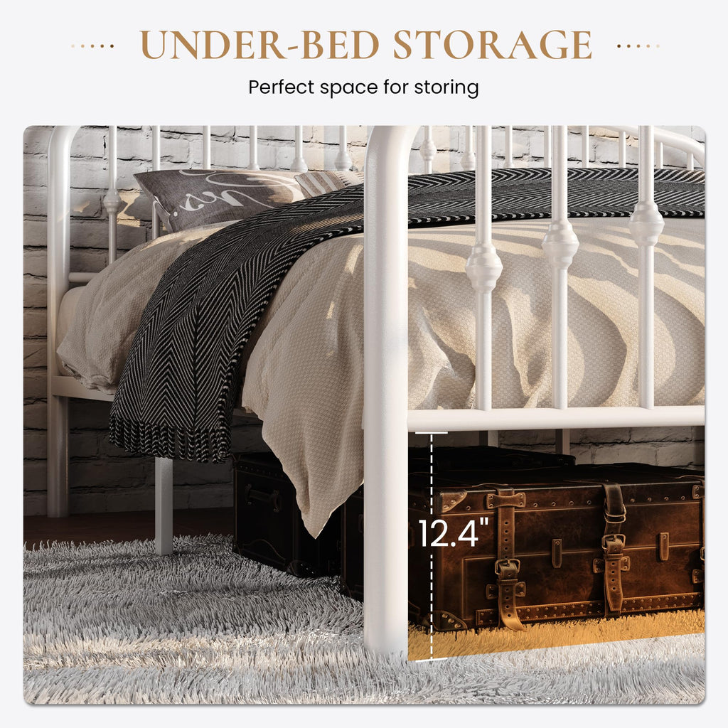Twin Size White Metal Bed Frame with Wrought Iron-Art Headboard N720