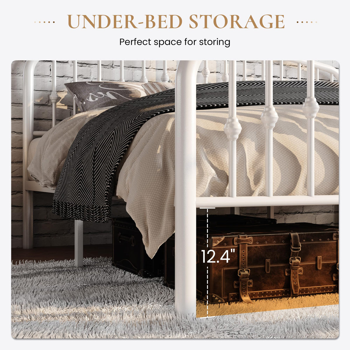 Twin Size White Metal Bed Frame with Wrought Iron-Art Headboard N720
