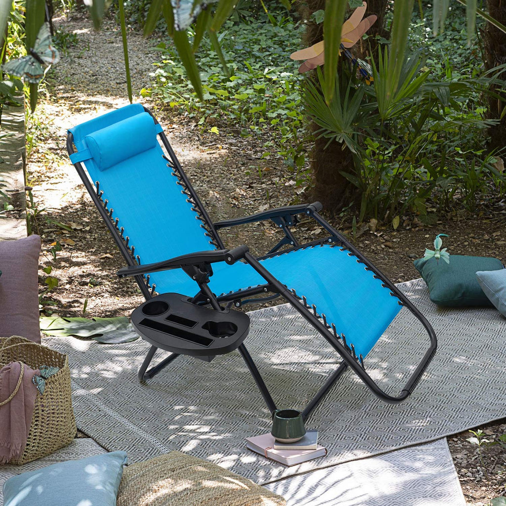 Blue Set of 2 Adjustable Folding Lounge Chair with Pillows and Cup Holders T567564