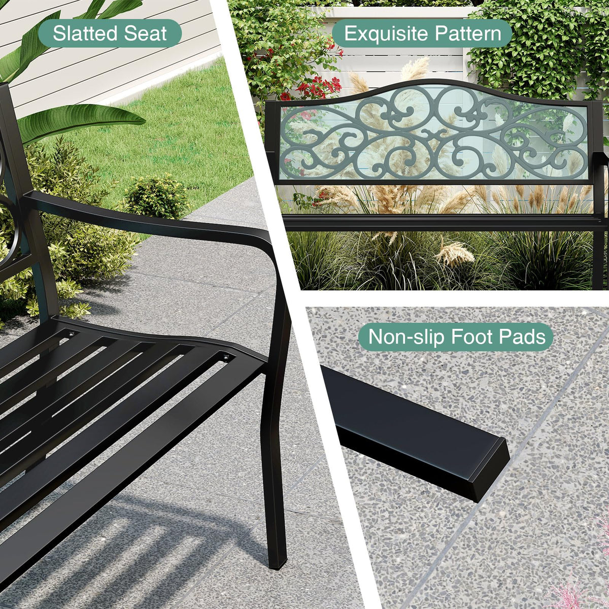 50 Inches Black Cast Iron Metal Patio Bench with Floral Backrest S5745