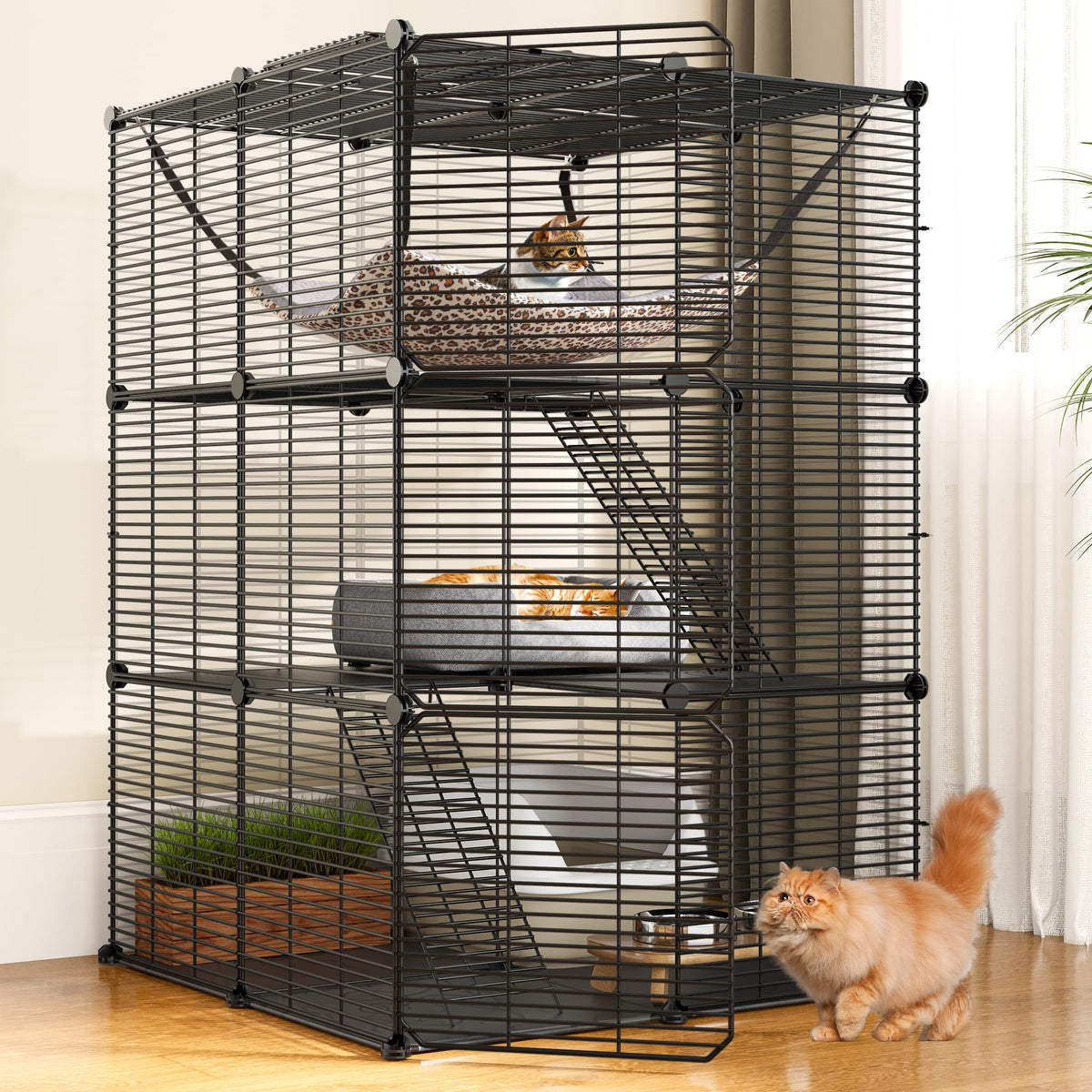 Cat Cage Indoor Cat Enclosures Metal Kennel with Hammock J211