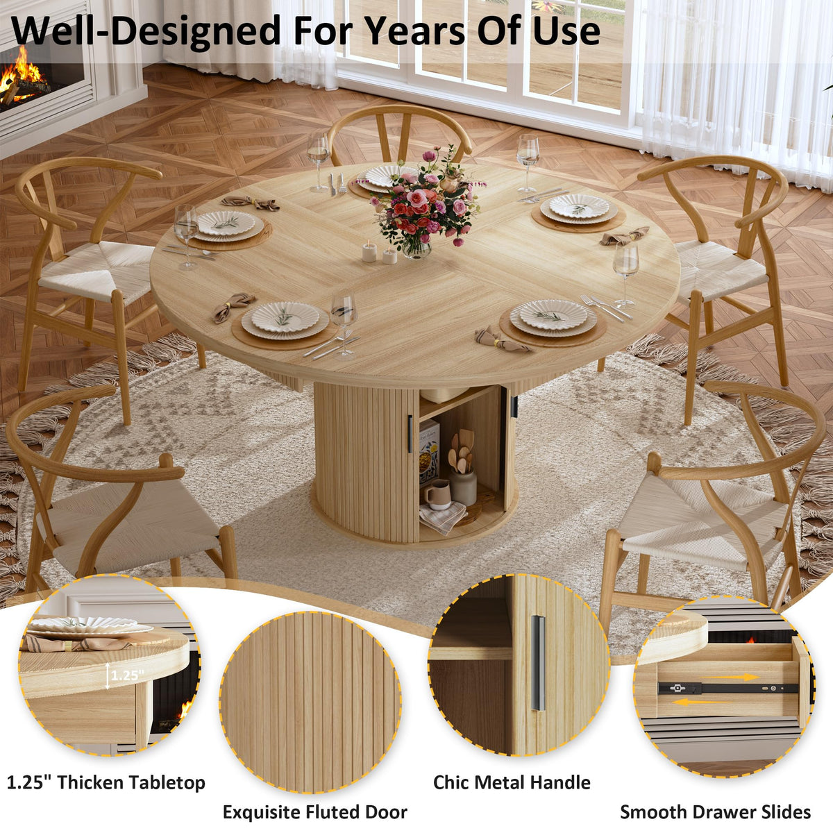 47.2" Round Wood Dining Table with 4 Drawers A492349