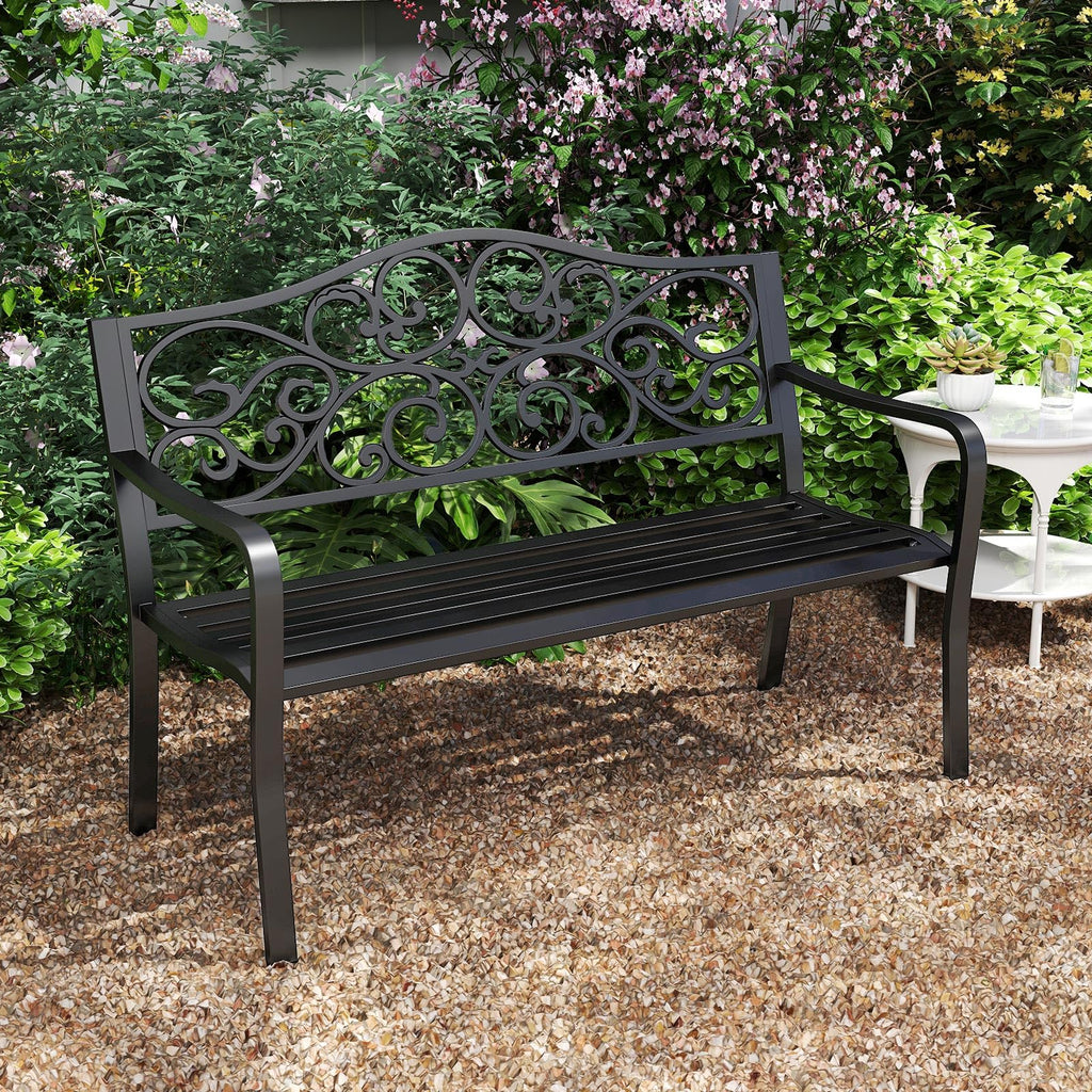 50 Inches Black Cast Iron Metal Patio Bench with Floral Backrest S5745