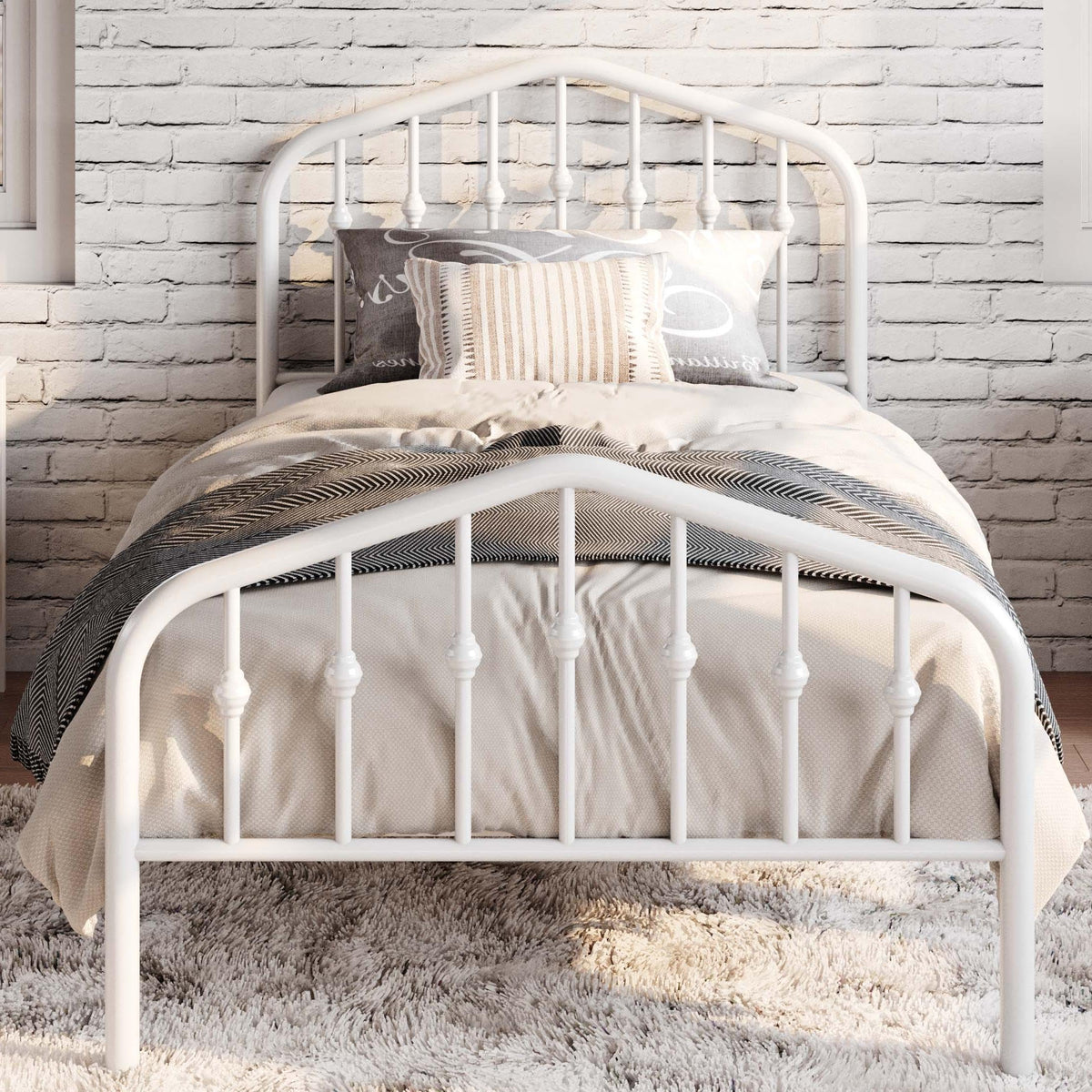 Twin Size White Metal Bed Frame with Wrought Iron-Art Headboard N720