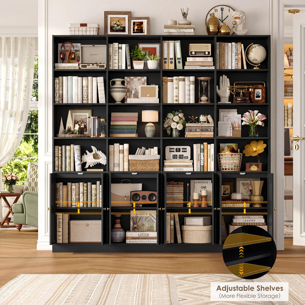 72.8" Black Bookshelf with 8 Doors A5933