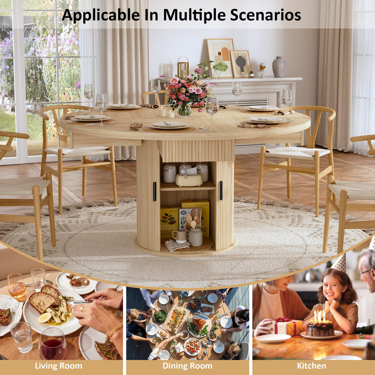 47.2" Round Wood Dining Table with 4 Drawers A492349